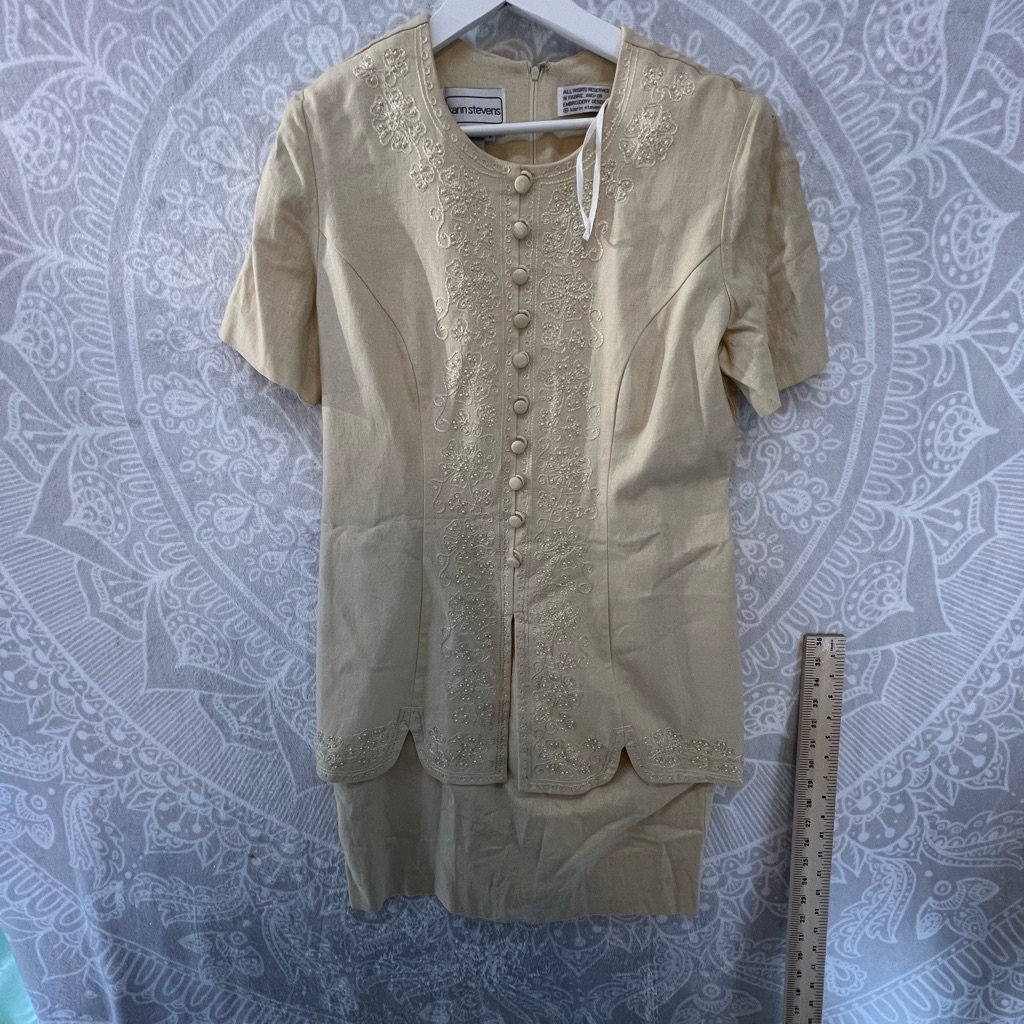 Karin Stevens Linen Blend Dress 12 Vintage Grandma Embroidery Kahki Tan 582